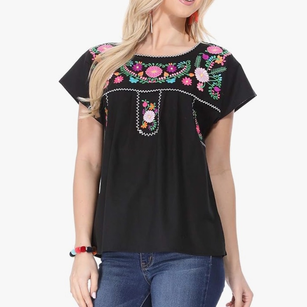 Unik Plus Size Black Puebla Mexican multicolored Embroidered Blouse SZ XXXL NWT